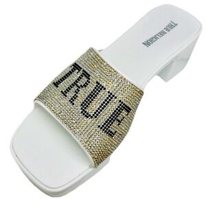 True Religion Avah  White w/logo and Rhinestones OpenToe Block Sandal Women’s 9